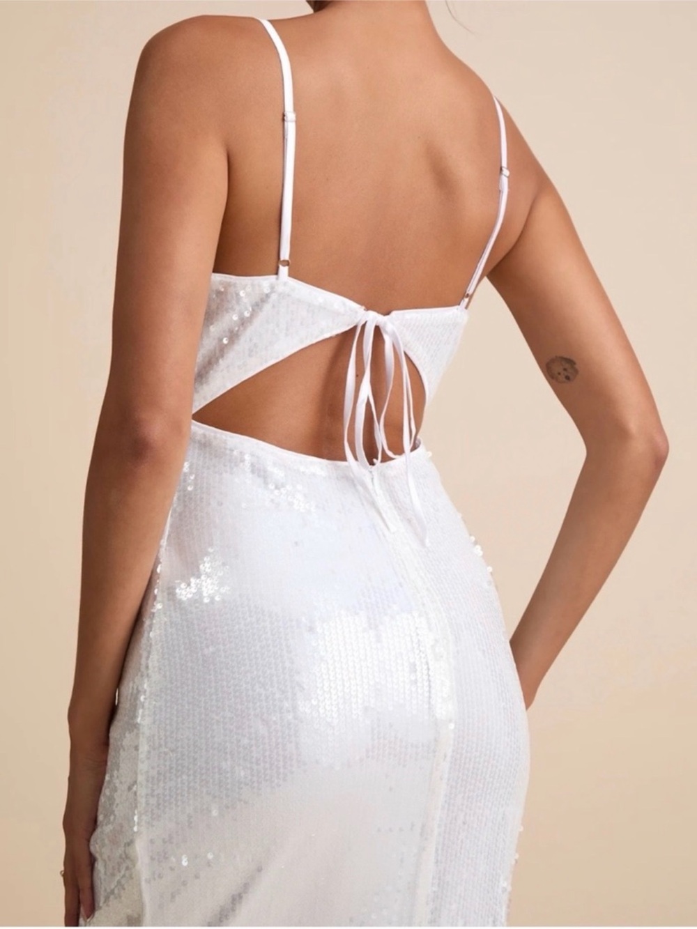 Lulu's White Sequin Cutout Slip Dress bride/bachelorette/bridal - Picture 2 of 7